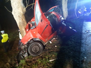 czerwony samochód wbity w drzewo, dookoła porozrzucane plastikowe elementy