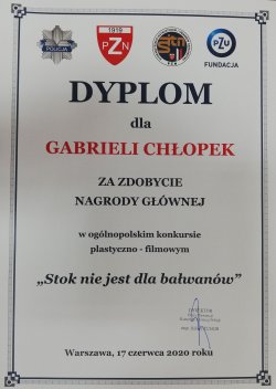 Dyplom dla Gabrieli Chlopek za zdobycie I miejsca w konkursie