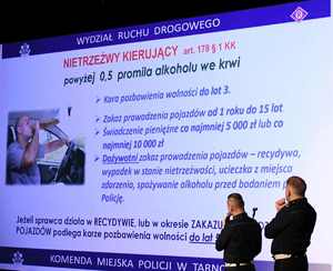 policjanci ruchu drogowego przedstawiający konsekwencje złego zachowania na drodze