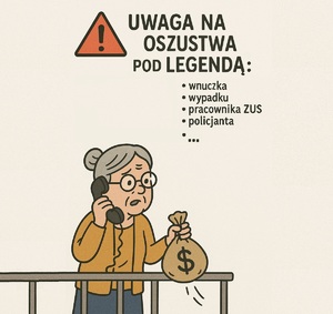 Seniorka stojąca na balkonie trzymająca torbę z pieniędzmi w dłoni i rozmawiająca przez telefon