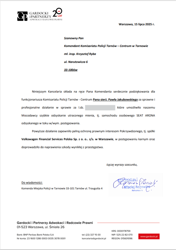 Podziękowania dla funkcjonariusza z Komisariatu Policji Tarnów-Centrum