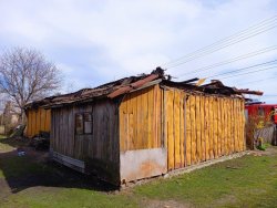 Dom o konstrukcji drewnianej, z widocznie zawalonym dachem do środka budynku, brak komina i części dachu, w oddali widać drzewo