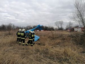 Strażacy stojący w grupie prze samolotem leżącym na grzbiecie. W tle wozy bojowe straży pożarnej. Pora dzienna.