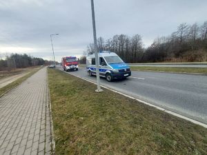 samochody służbowe straży pożarnej i Policji obsługujące wypadek.